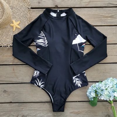 Premium Black Kite and Surf Rashguard Swimsuit with Subtle Side Patterns